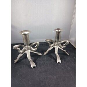 Vintage Silver Tone Bow Candle Holder/ Metal Taper Candle Holder
